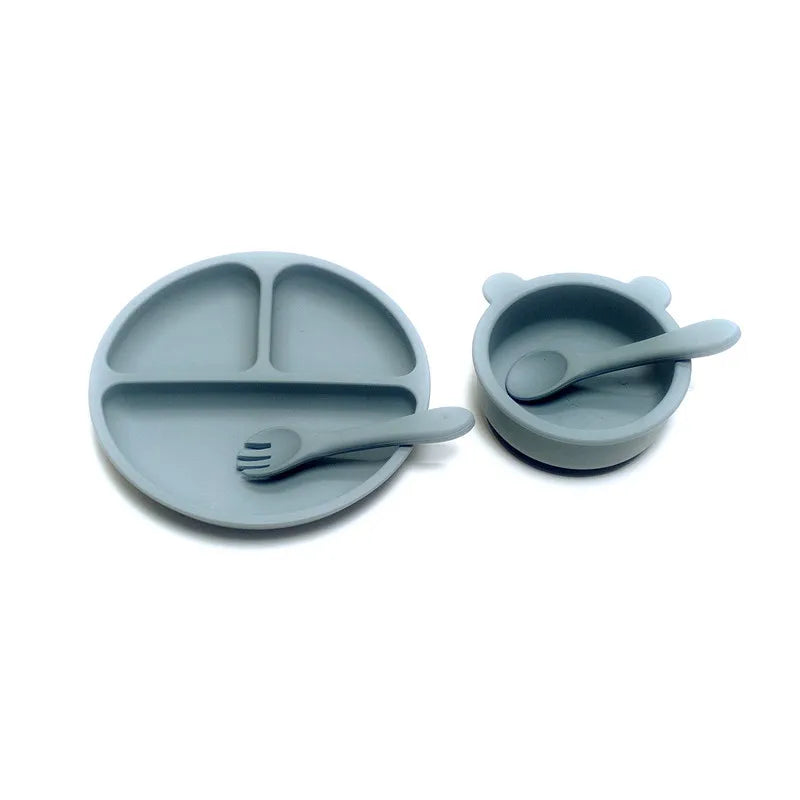 4pcs Auxiliary silicone tableware sets children eating suction cup bowl baby spoon dinner plate kindergarten set
