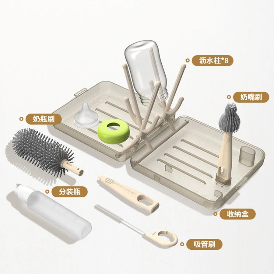 Travel Bottle Brush Set, Auto-Open Rack & Vertical Brushs Drying Slots, 3 Brushes, Foldable Drying Rack, Travel Baby Essentials