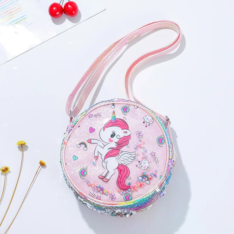 Kids Accessories Summer Lovely Kids Girls Sequin Crossbody Bag 3 Colors Cartoon Printed Round Shoulder Bag with Adjustable Strap
