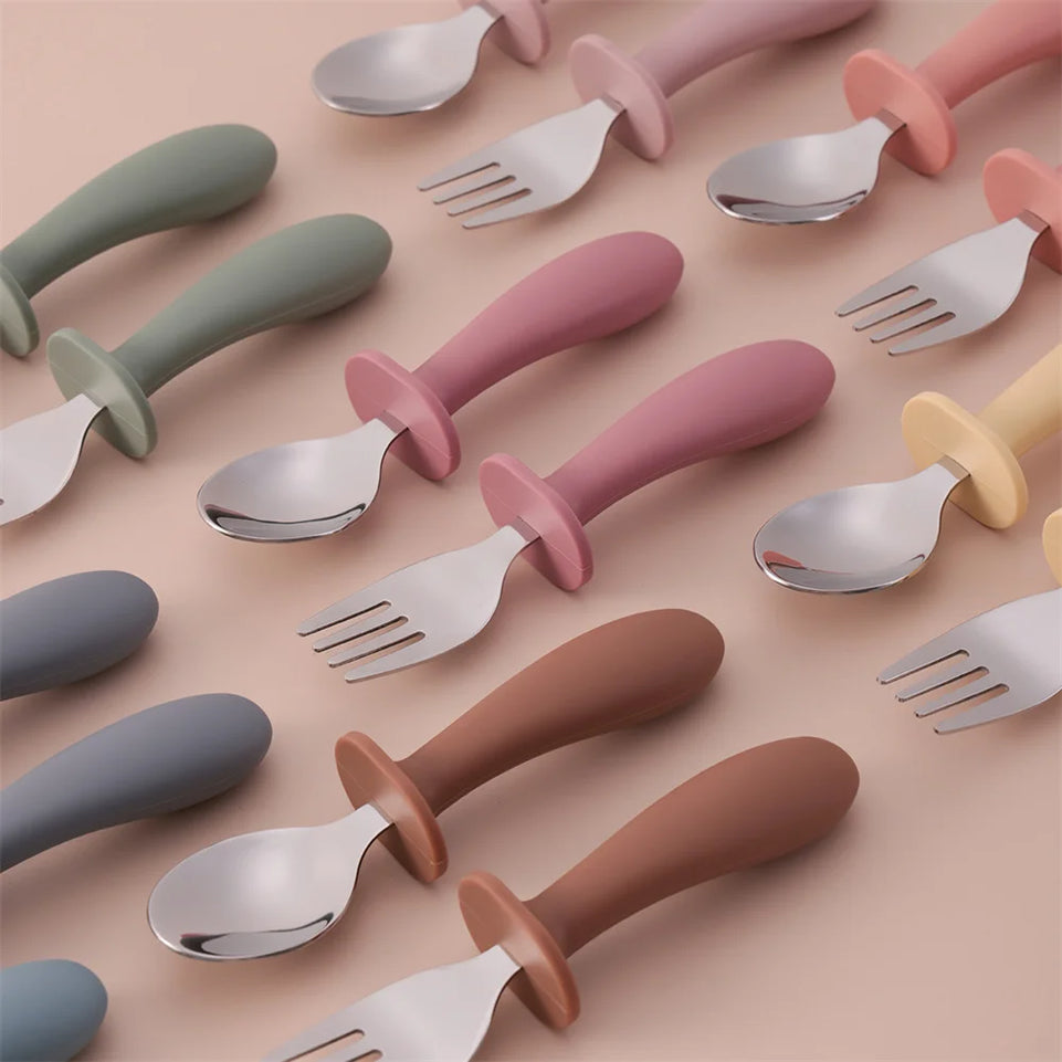 Color Kids 2PCS Stainless Steel Spoon Fork Set Dishwasher Safe BPA Free Utensils Baby Feeding Cutlery  Baby Newborn Items