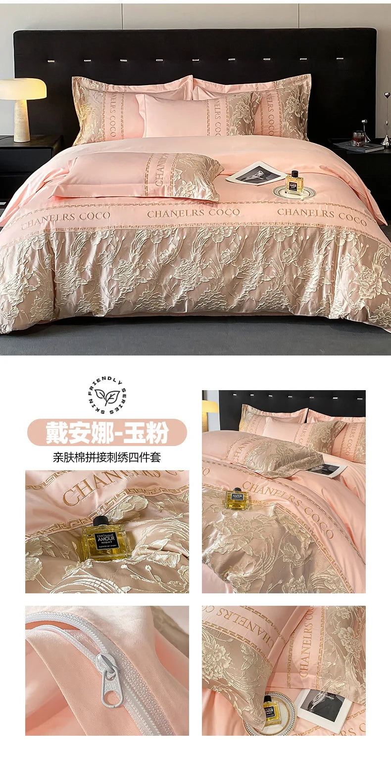 European Bedding Set High-end Luxury Cotton Four-piece Set Cotton Embroidery Quilt Cover Sheets Hats Senior Sense Bedding